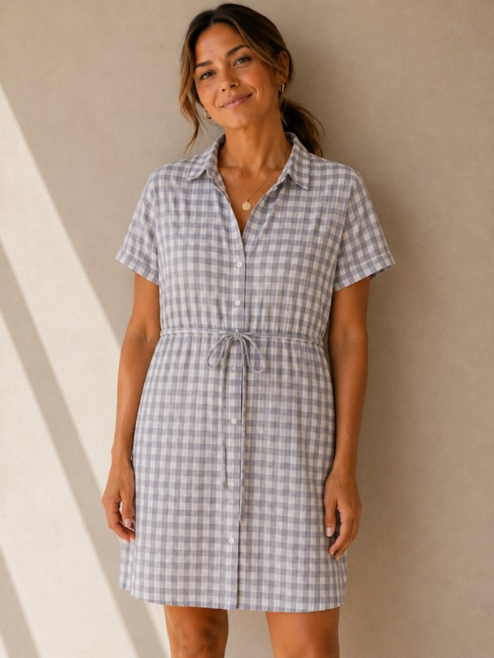 SO Purple & Gray Gingham Check Shirt Dress, Waist Tie, Size XL